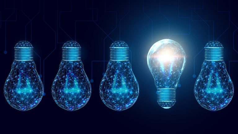 Lightbulbs formed from data points to highlight data-driven innovation ideas